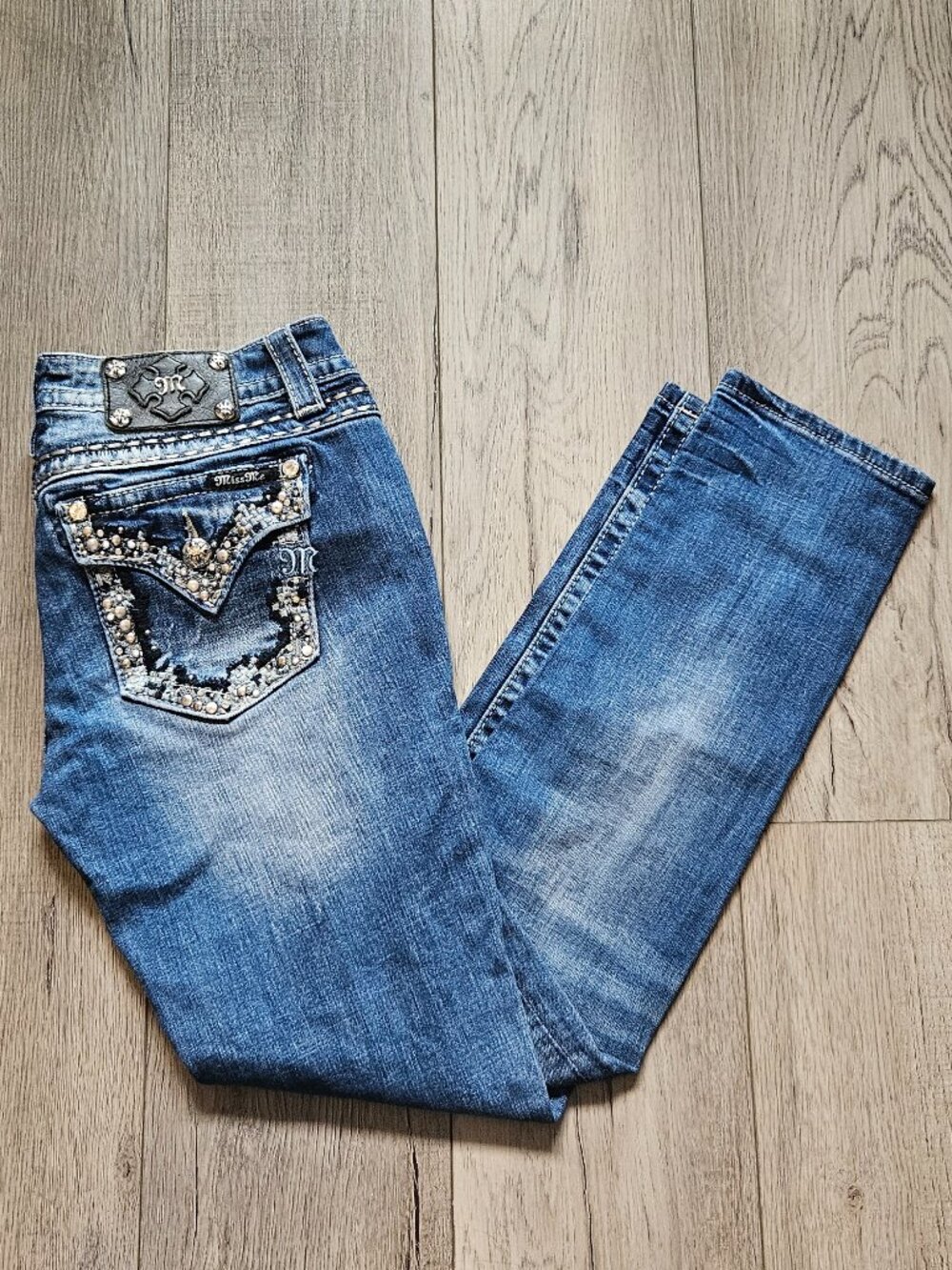 Miss Me Womens Size 30 Signature Skinny Jeans Rhinestone Flap Pocket Denim 30x31